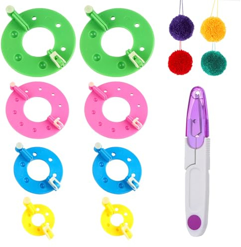 pompom Tillverkare av 8 st pyssel, plast pompom, fluff bollvävare, gör-det-själv pompomgörare, med 1 sax