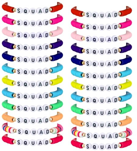 Sureio 24 Pcs Colorful Friendship Bracelets Letter Heart Smile Bracelet Surfer Bracelets Stretch Beaded Kids Bracelet for Girls Women Back to School Tween Girl Party Favors (Rainbow Squad)