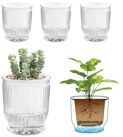 T4U 10cm Selbstbewässerungstopf Blumentöpfe mit Baumwollseil und Tiefem Wassertank 4 Stück, Blumentopf Set für Orchideentopf Transparent,Kräutertopf Hydrokultur Topf, für Alle Zimmerpflanzen, Blumen