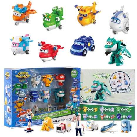 Super Wings World Airport Crew Verwandlungsroboter-Set, 8 Transformationsroboter und 7 PVC-Figuren, Verwandelbare Spielflugzeuge und Roboterfiguren für Jungen und Mädchen ab 3 Jahren