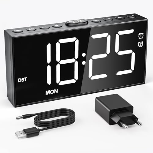 Mesqool Reloj Despertador Digital, Modo Día Laborable/Fin de Semana, 2 Alarmas, Cargador USB Tipo C, Atenuador de 5 Pasos & Volumen, Snooze, 12/24H, DST(Blanco)