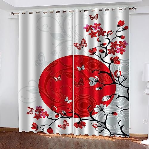 Vorhang Blickdicht Gardinen Mit Ösen - 2 Stücke Verdunklungsvorhänge 3D Rote Vollmondblumen Muster Thermovorhang Für Kinderzimmer Schlafzimmer Weihnachtsgardinen-2B4X8S7X3Q1