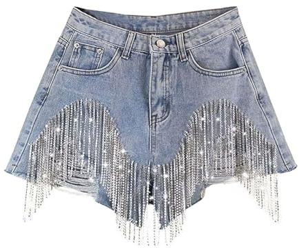 Women's Fringe Denim Shorts Sequin Stars Pattern High Waist Stretchy Tassel Jean Shorts(Size:Medium) Blue