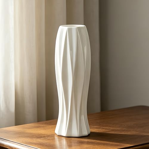 JIDOFUE Keramikvase, Weiße Blumenvase, 12 Zoll/30 cm hoch Moderne strukturierte Vasen für Bauernhaus, Regal, Tischmittelpunkte, Heimdekoration, Wohnzimmerdekorationen Große Muster-Vase für Pampasgras