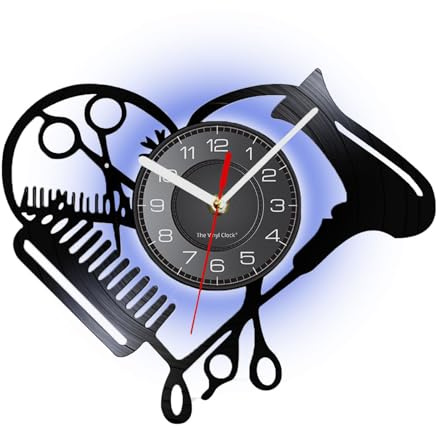 Nuyhgtr Orologio da parete per salone, decorazione da parete moderna per parrucchieri, decorazione da parete per barbiere, orologio silenzioso LED con motivo forbici e pettine, orologio da parete