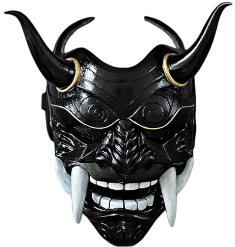 Oni -Maske, Latex japanische Hannya -Maske, beängstigende Vollgesicht Samurai -Maske mit Zäfern und Ochsenhorn, Horror -Devil -Maske mit Elastizitätsband für Halloween, Masquerade, Cosplay -Requisite