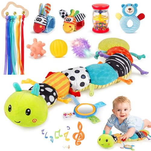 Joyreal Baby Toys 0-6 Months, 10pcs Newborn Sensory Toys Set, Baby Musical Caterpillar Toys, Rattles, Ribbons, Baby Essentials Sensory Box, Newborn Gifts for 3 6 9 12 Months