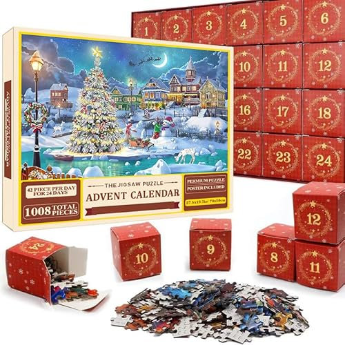 Weihnachten Adventskalender Puzzle Weihnachtskalender 2025 Rätsel Erwachsene Weihnachtspuzzle Weihnachtsdeko Christmas Decor 24 Schachteln mit Weihnachts Countdown Kalender Schneelandschaft 1008 Teile