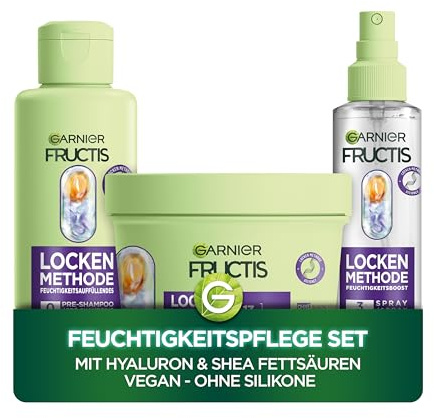 Garnier Fructis Locken Methode: Feuchtigkeitspflege Set - Maske (370ml), Pre-Shampoo (200ml) & Pflege-Spray (150ml) - Mit Hyaluron & Shea Fettsäuren - Vegan - Ohne Silikone