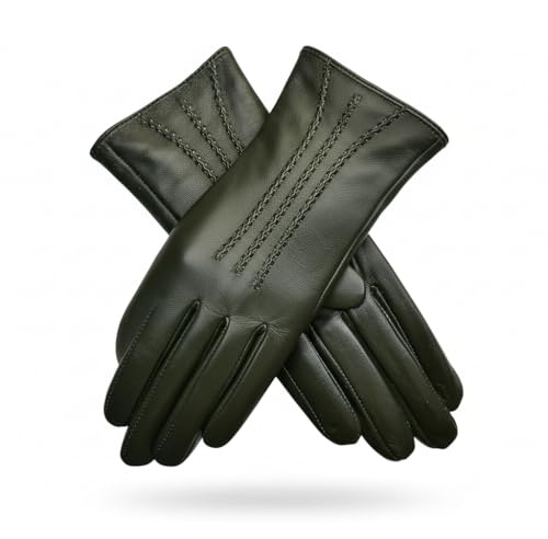 Damen Winterhandschuhe aus echtem weichem Leder, vollständig gefüttert, dunkelgrün, Large 7.5