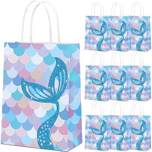 10 Stück Meerjungfrau Geschenktüten Papier,Meerjungfrau Party Taschen mit Henkel,Geschenktüten Bunt für Kindergeburtstag Mädchen,Gastgeschenke Tüten Papiertüten Partytüten Candy Tüten