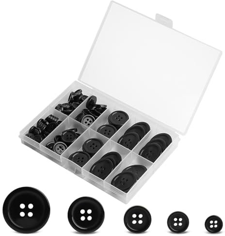 100 Stück Harz Knöpfe,4 Loch Schwarze Kunststoffknöpfe,5 Größen Rund Knöpfe mit Aufbewahrungsbox,für Kleider Nähen Mantel Hemden und DIY Dekoration