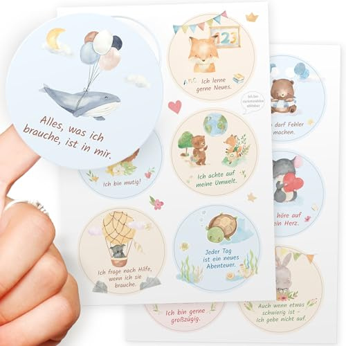Kipitan Mutmacher Sticker für Kinder - 12 große Affirmationssticker (85mm, rund, rückstandslos ablösbar) - vielseitig einsetzbar im Kinderzimmer, Kindergarten oder Grundschule