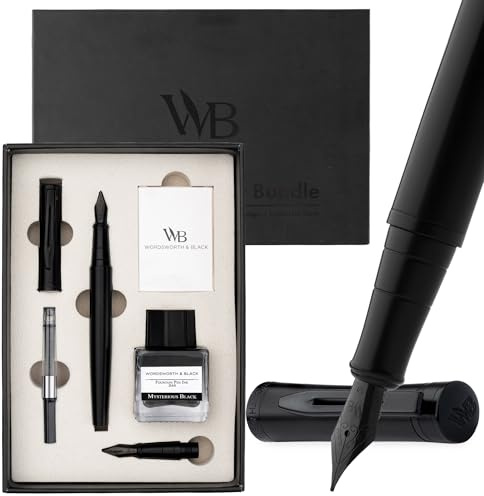 Wordsworth & Black Set de Plumas Estilográficas, plumín medio y extrafino chapado en oro de 18K, tinta negra 25ML, 6 cartuchos, convertidor, caja regalo – Todo Negro, para hombres y mujeres.