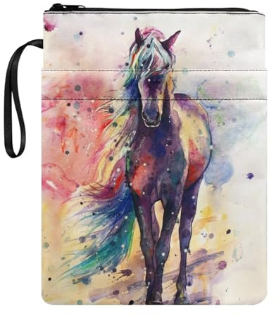 Aquarell-Pferd-Buchhülle für Männer und Frauen, Lesebuchhülle mit Reißverschlusstasche, Tierpferd, bedrucktes Buch-Organizer-Tasche für Hardcover-Taschenbuch