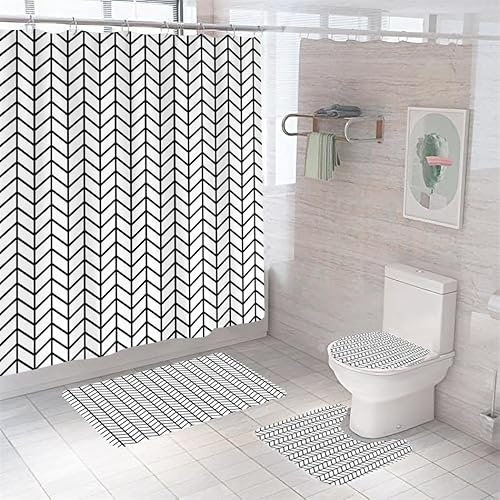 Badezimmerteppich Schwarzer Streifen Badteppich rutschfest Waschbar Badgarnitur 4 Teilig – Badematte Set Mit Wc-Vorleger Und Badematte,Teppich Badezimmer Für Sicherheit Und Komfort Im Bad 50×80Cm