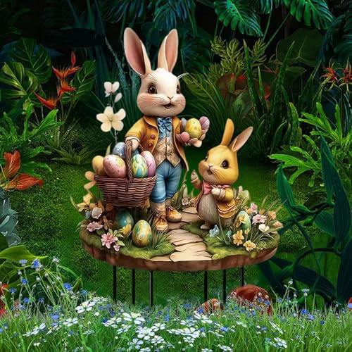 Osterdeko Gartenstecker Hase Deko, Ostern Deko Osterhase Outdoor Vintage für Draußen und Drinnen Gartendeko, Osterhase Außen Gartenschilder Osterdeko Frühlingsdeko Osterhase Gartenfiguren Deko (C)
