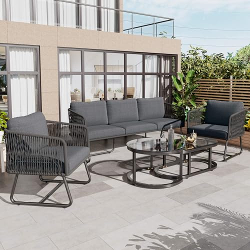 DRIXNO Garten-Lounge-Set mit Rahmen aus verzinktem Eisen, Gartenmöbel-Set aus Seil, verstellbare Füße, Tischplatte aus glattem Glas, 5er-Set, inklusive Aller Sitz- und Rückenkissen, Grau