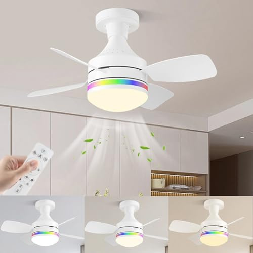 SPEPROECO Ceiling Fan with Light and Remote, 21 in LED Ceiling Fans Light 3 Color Dimmable 3000-6500k, E27 Socket Ceiling Fan Lamp, Ultra-Quiet RGB Lights Fan for Bedroom,Living Room