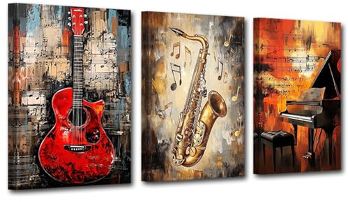CXHOSTENT Musik-Leinwandbild, Wanddekoration für Musikstudio 3 Paneele Vintage Bilder mit Gitarre Klavier Saxophon Musikinstrumente Gemälde Druck Bürodekor gerahmt (28x35cmx3)