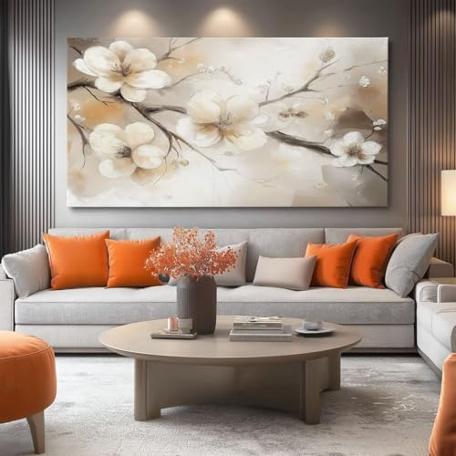 Traum Pflanzen Ölgemälde Leinwand Bilder Wanddeko Beige Geblümt, 150 x 50 cm Kunstdruck Wandbild auf Wanddekoration Canvas Bilder für die Wohnzimmer Schlafzimmer Wandbilder Wand Badezimmer