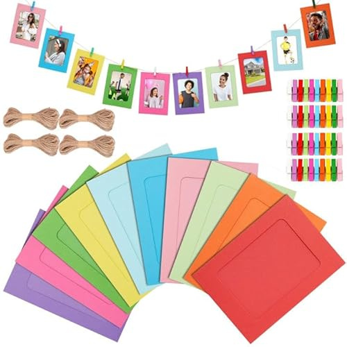 Dreamsolearoy Set di 40 campagne fotografiche fai da te, 40 cornici + 40 mollette + corda di canapa da 4 x 2 m, set fai da te per foto, decorazione da parete, cameretta dei bambini, matrimonio