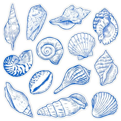 Whaline 13Pcs Blue Seashell Bathroom Non Slip Stickers Waterproof Anti Slip Bathtub Treads with Scraper Decorative Adhesive Decals for Summer Bathroom Shower Floor