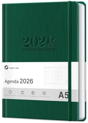Agenda 2026 Semana Vista - Agenda Anual 2026 (de Enero a Diciembre) con Cubierta de Cuero Vegano, Punto de Lectura de Tela y Cinta Elástica de Cierre - Verde