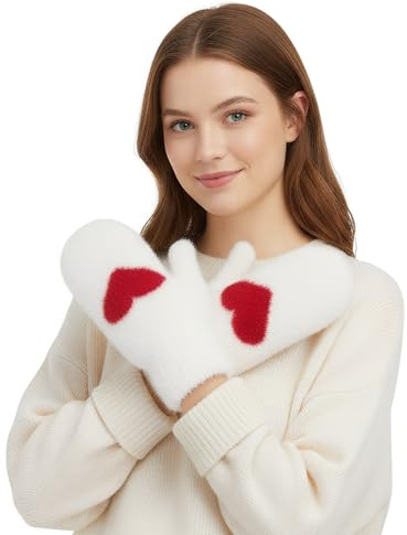 Damen Plüsche Handschuhe Herz Muster Winterhandschuhe Kuschelige Skihandschuhe Outdoor Handwärmer Fäustlinge Fausthandschuh Fäustel Gloves Warme Requisiten Geschenke Für Wandern Skifahren Radfahren