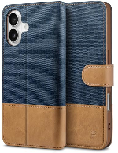 BEZ Fodral för iPhone 17 Telefonfodral, Kompatibelt med iPhone 17, Flip Plånboks [Kanvas Fuskläder] med Kreditkortshållare, Sparkstativ, Magnetisk Remstängning, Marin Blått