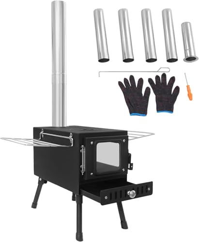 Estufa de tienda de campaña, estufa portátil de acero inoxidable con tubo, estufa de camping con 5 tubos de chimenea y recipiente recogedor de cenizas para camping, cocina al aire libre y actividades