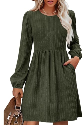 Zeagoo Damklänning, långärmad höstklänning, elegant, A-linje, vinterklänningar, rund hals, lös stickad klänning, knälång tunikaklänning med fickor, Armégrön, S