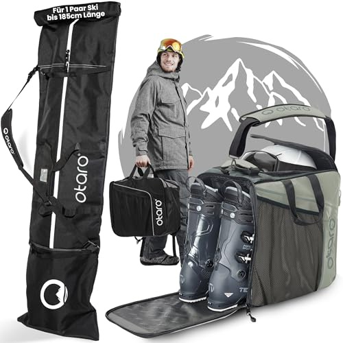 Otaro Skischuhtasche und Skitasche (Classic Set | Hellgrau | Für 1 Paar Ski) | Skitasche für Ski und Skischuhtasche mit Helmfach | Ski Taschen, Skischuhtaschen