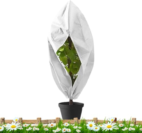 Pflanzen-Frostabdeckung, 60 x 80 cm, Baumschutz, wetterfeste Gartendecke, leicht atmungsaktiver Stoff, Frostschutz, Kordelzugabdeckung für Gewächshaus, Ernte, Topf, Obststrauch, Palme, Feigenbaum