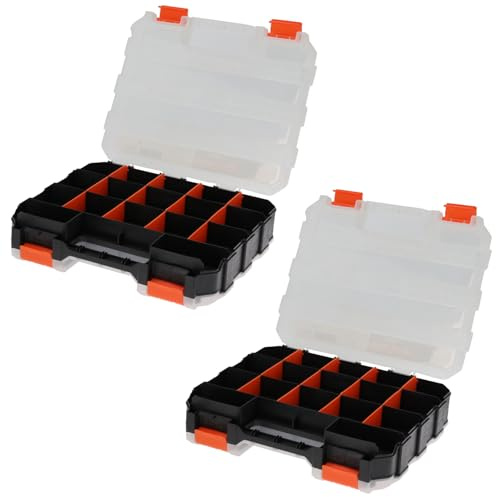 Sortimentsbox 2er Set - Aufbewahrungsbox für Kleinteile, Schrauben, Dübel, Box, stapelbar, 32x27x8 cm, transparenter Deckel, Kunststoff Organizer