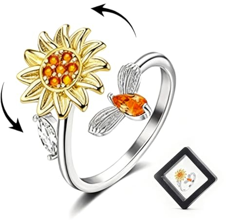 ARYIMYDP Anello Antistress Donna Girevole | Girasole Rotante Argento 925 con Zirconi, Gioiello Regolabile per Ansia Regalo Valentino Compleanno Festa della Mamma