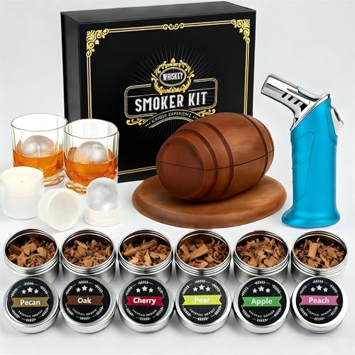Whiskey Smoker Kit with Torch (No Butane) - 6 Flavors Natural Wood Chips, 2 Glasses, 2 Ice Ball Molds - Cocktail Smoker Infuser Kit for Old Fashioned Whiskey, Bourbon Drinks, Gift for Men & Dad