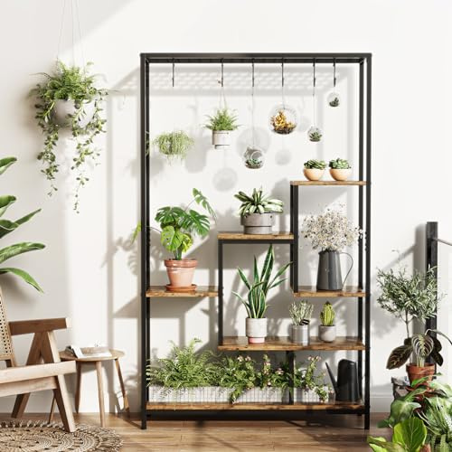 Koioplie Pflanzenständer mit Haken, 5-stöckiges, Pflanzenregal, Blumenständer, Blumentreppe für Indoor Garten Balkon, Metall & Holzwerkstoffe, Braun, 180x100x30CM