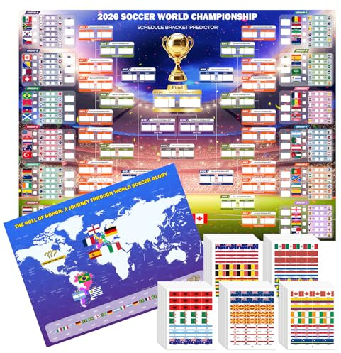 Sumapner 2026 WM Fußball Extra Großes Spielplan Poster 110x80cm, 2er Fanartikel mit 48 Team-Aufkleber + Siegertipp Poster, Turnier Wandkarte–Geschenk für Fußball Fans & Party Dekoration