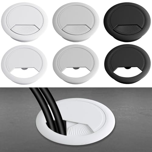 Cheynn 6 passacavo da scrivania, 60 mm, in plastica, colore nero, bianco, grigio, passacavo da tavolo, per tavolo, ufficio, scrivanie, cavi, piani di lavoro