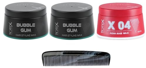 TOTEX Hårvax I Hair Styling Wax 150 ml I 3-pack I plus marmorerad fickkam I hittar du din look I (3 stycken fruktig, 2 x Bubble Gum 1 x Aqua Wax röd)