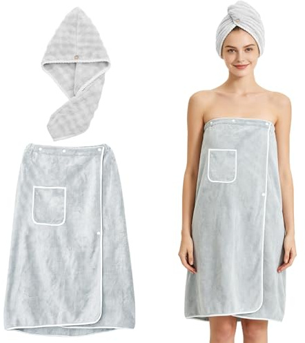 HEITOYI 80x150 cm Kilt da Sauna Donna, Asciugamano da Sauna con Chiusura Regolabile a Bottoni e Tasche, Asciugamano per Capelli Accappatoio da Sauna da Donna per Doccia, Spiaggia, Piscina, Spa