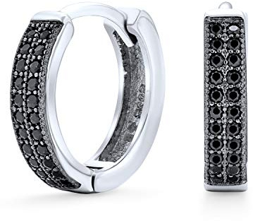 Unisex Schwarz Pave Cz Cubic Zirconia Micro Pave Schlank, Breit Huggie Hoop Ohrringe Für Frauen Jugendliche Männer Cubic Zirconia Ip Schwarz .925 Sterling Silber .30-.50 Durchmesser