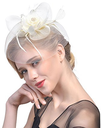 Amorar Damen Fascinator Hair Clip Hut Bankett Hut Stirnband Feder Blume Schleier Bowler Braut Hut für Cocktail Hochzeit (Beige)