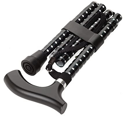 Bastone da Passeggio Pieghevole in Alluminio - Antiscivolo e Durevole con Laccetto in Nylon e Manico in Legno - Regolabile in Altezza da 84 a 94 cm - Colore Blu Scuro e Quadretti Bianchi