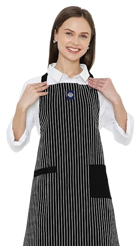 Encasa XO Kochschürze, Küchenschürze Damen & Herren, Backschürze | Metzgerstreifen schwarz,Regenerierte Baumwolle|Verstellbares Nackenband|Praktische Taschen & Handtuchschlaufe