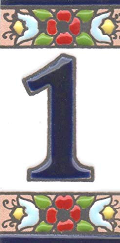 Numéros de maison, chiffres et lettres en céramique, motif floral cerise, taille du carrelage : 7,5 cm x 3,5 cm, cadres de 3 à 10 carreaux (numéro 1)