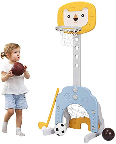 GOPLUS 3-i-1-lekplats för barn, basketkorg och fotbollsmål och golfspel, höjdjusterbart basketstativ, inkl. basket, fotboll och golfboll, pojke (lejon, gul)