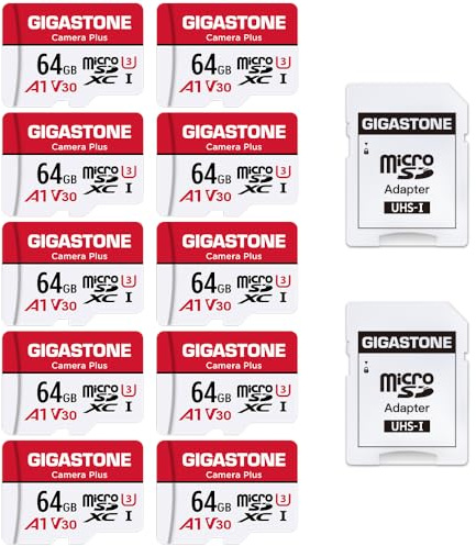 GIGASTONE Micro SD 64 GB, Camera Plus Serie, Set da 10, A1 U1 C10 UHS-1, Per GoPro Fotocamera Videocamera, Velocità Fino a 95/35 MB/s, con Adattatore Scheda SD