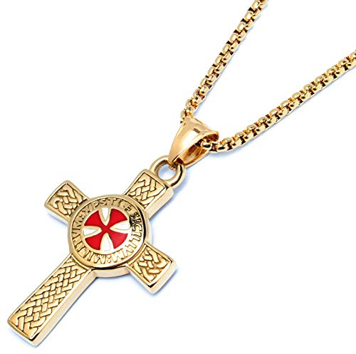 Schmuck-Checker Vergoldetes Templer Kreuz Anhänger & Kette Kreuzritter Kreuzfahrer Wappen gold rot 316L Edelstahl Herren Geschenk